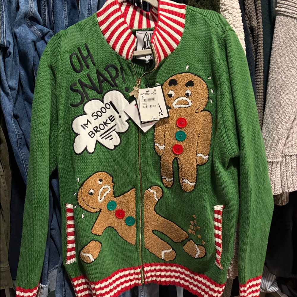Nordstrom Green Gingerbread Zip-Up Sweater